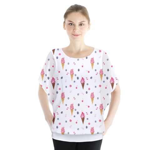 Ice Cream Cones Watercolor With Fruit Berries And Cherries Summer Pattern Batwing Chiffon Blouse by genx