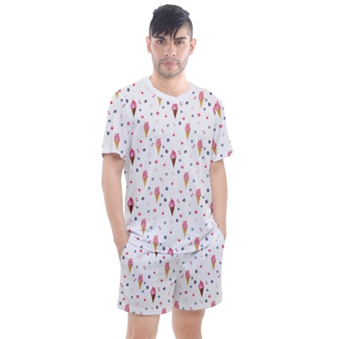 Ice Cream Cones Watercolor With Fruit Berries And Cherries Summer Pattern Men s Mesh Tee And Shorts Set by genx