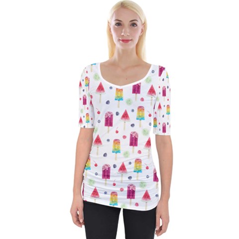 Popsicle Juice Watercolor With Fruit Berries And Cherries Summer Pattern Wide Neckline Tee by genx