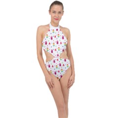 Popsicle Juice Watercolor With Fruit Berries And Cherries Summer Pattern Halter Side Cut Swimsuit by genx