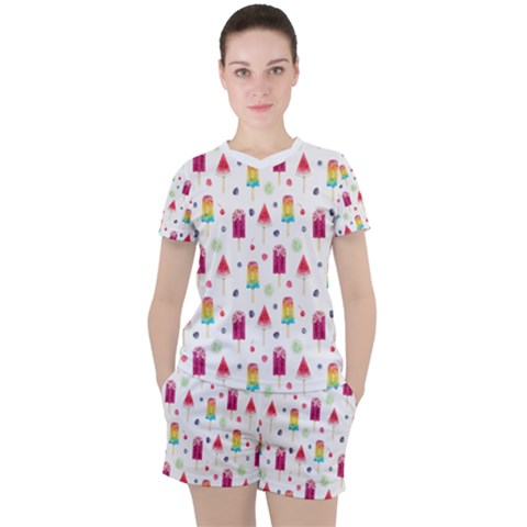 Popsicle Juice Watercolor With Fruit Berries And Cherries Summer Pattern Women s Tee And Shorts Set by genx