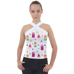 Popsicle Juice Watercolor With Fruit Berries And Cherries Summer Pattern Cross Neck Velour Top by genx