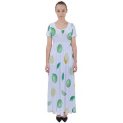 Lemon And Limes Yellow Green Watercolor Fruits With Citrus Leaves Pattern High Waist Short Sleeve Maxi Dress by genx