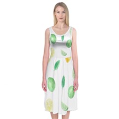 Lemon And Limes Yellow Green Watercolor Fruits With Citrus Leaves Pattern Midi Sleeveless Dress by genx