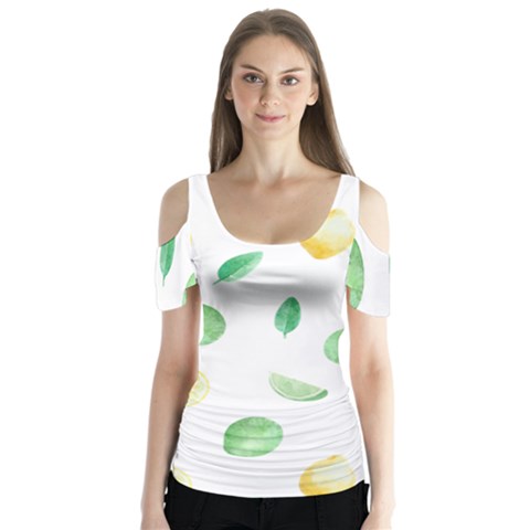 Lemon And Limes Yellow Green Watercolor Fruits With Citrus Leaves Pattern Butterfly Sleeve Cutout Tee  by genx