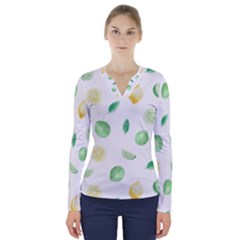 Lemon And Limes Yellow Green Watercolor Fruits With Citrus Leaves Pattern V-neck Long Sleeve Top by genx