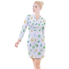 Lemon And Limes Yellow Green Watercolor Fruits With Citrus Leaves Pattern Button Long Sleeve Dress by genx