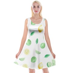 Lemon And Limes Yellow Green Watercolor Fruits With Citrus Leaves Pattern Reversible Velvet Sleeveless Dress by genx