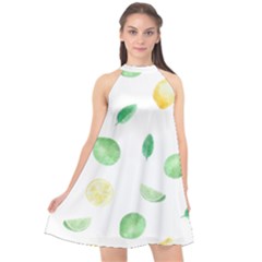 Lemon And Limes Yellow Green Watercolor Fruits With Citrus Leaves Pattern Halter Neckline Chiffon Dress  by genx