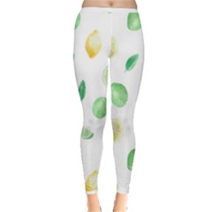 Lemon And Limes Yellow Green Watercolor Fruits With Citrus Leaves Pattern Inside Out Leggings by genx