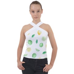 Lemon And Limes Yellow Green Watercolor Fruits With Citrus Leaves Pattern Cross Neck Velour Top by genx