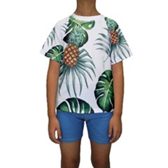 Pineapple Tropical Jungle Giant Green Leaf Watercolor Pattern Kids  Short Sleeve Swimwear by genx