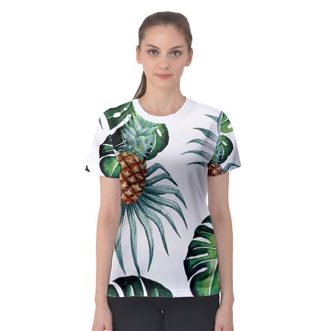 Pineapple Tropical Jungle Giant Green Leaf Watercolor Pattern Women s Sport Mesh Tee by genx