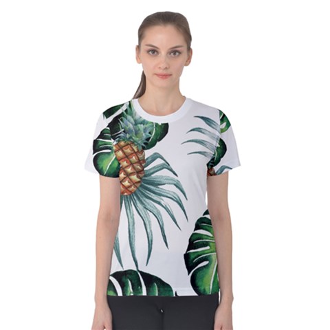 Pineapple Tropical Jungle Giant Green Leaf Watercolor Pattern Women s Cotton Tee by genx