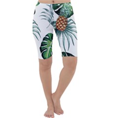 Pineapple Tropical Jungle Giant Green Leaf Watercolor Pattern Cropped Leggings  by genx