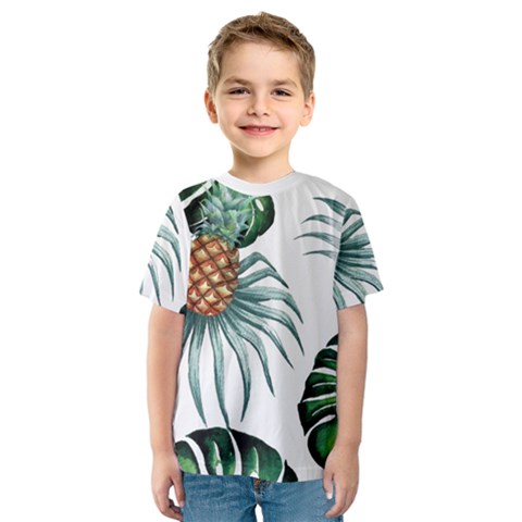 Pineapple Tropical Jungle Giant Green Leaf Watercolor Pattern Kids  Sport Mesh Tee by genx