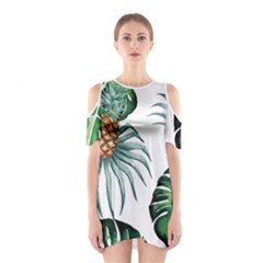 Pineapple Tropical Jungle Giant Green Leaf Watercolor Pattern Shoulder Cutout One Piece Dress by genx