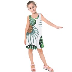 Pineapple Tropical Jungle Giant Green Leaf Watercolor Pattern Kids  Sleeveless Dress by genx