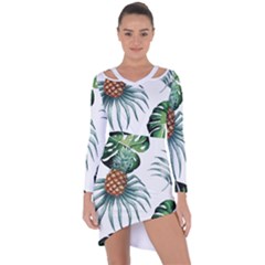 Pineapple Tropical Jungle Giant Green Leaf Watercolor Pattern Asymmetric Cut-out Shift Dress by genx