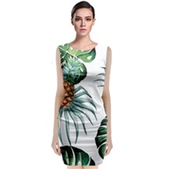 Pineapple Tropical Jungle Giant Green Leaf Watercolor Pattern Sleeveless Velvet Midi Dress by genx