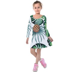 Pineapple Tropical Jungle Giant Green Leaf Watercolor Pattern Kids  Long Sleeve Velvet Dress by genx