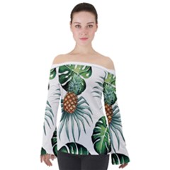 Pineapple Tropical Jungle Giant Green Leaf Watercolor Pattern Off Shoulder Long Sleeve Top by genx