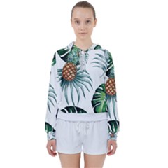 Pineapple Tropical Jungle Giant Green Leaf Watercolor Pattern Women s Tie Up Sweat by genx