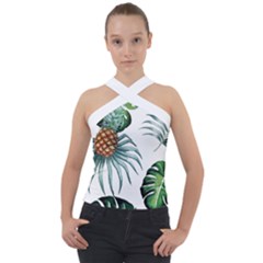 Pineapple Tropical Jungle Giant Green Leaf Watercolor Pattern Cross Neck Velour Top by genx