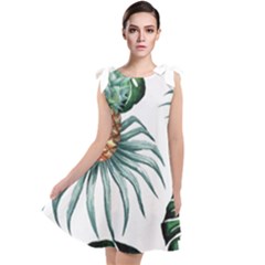 Pineapple Tropical Jungle Giant Green Leaf Watercolor Pattern Tie Up Tunic Dress by genx
