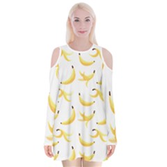 Yellow Banana And Peels Pattern With Polygon Retro Style Velvet Long Sleeve Shoulder Cutout Dress by genx