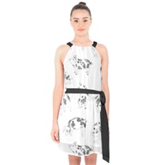 Pigs Handrawn Black And White Square13k Black Pattern Skull Bats Vintage K Halter Collar Waist Tie Chiffon Dress