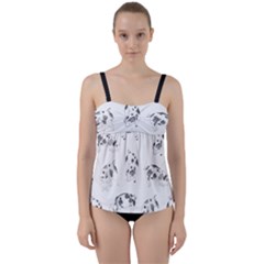 Pigs Handrawn Black And White Square13k Black Pattern Skull Bats Vintage K Twist Front Tankini Set