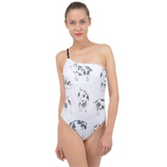 Pigs Handrawn Black And White Square13k Black Pattern Skull Bats Vintage K Classic One Shoulder Swimsuit