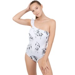 Pigs Handrawn Black And White Square13k Black Pattern Skull Bats Vintage K Frilly One Shoulder Swimsuit