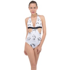 Pigs Handrawn Black And White Square13k Black Pattern Skull Bats Vintage K Halter Front Plunge Swimsuit