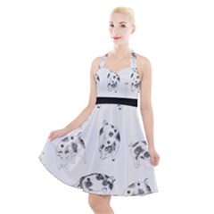 Pigs Handrawn Black And White Square13k Black Pattern Skull Bats Vintage K Halter Party Swing Dress 