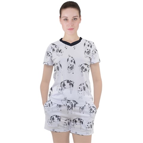 Pigs Handrawn Black And White Square13k Black Pattern Skull Bats Vintage K Women s Tee And Shorts Set by genx