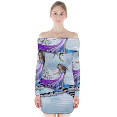 Cute Fairy Dancing On A Piano Long Sleeve Off Shoulder Dress by FantasyWorld7