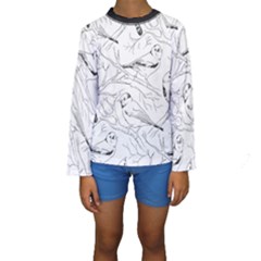 Birds Hand drawn Outline Black And White Vintage ink Kids  Long Sleeve Swimwear