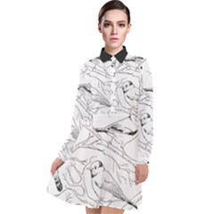 Birds Hand drawn Outline Black And White Vintage ink Long Sleeve Chiffon Shirt Dress