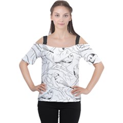Birds Hand drawn Outline Black And White Vintage ink Cutout Shoulder Tee