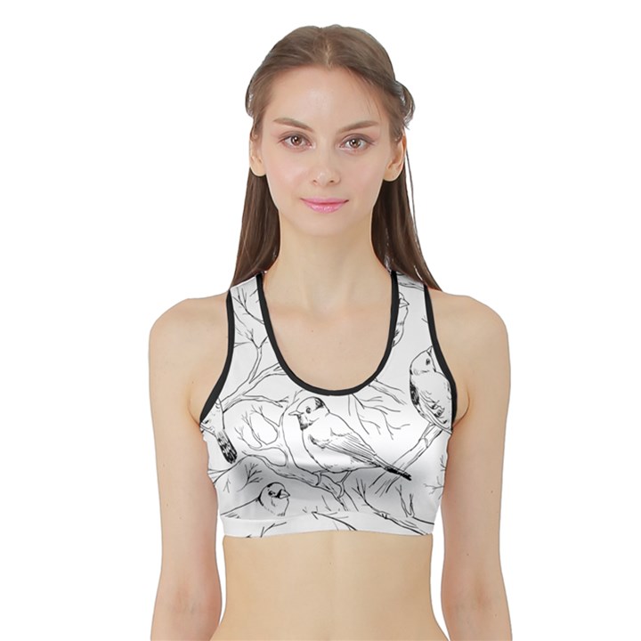 Birds Hand drawn Outline Black And White Vintage ink Sports Bra with Border