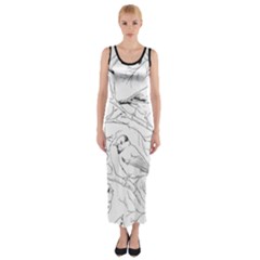 Birds Hand drawn Outline Black And White Vintage ink Fitted Maxi Dress