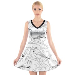 Birds Hand drawn Outline Black And White Vintage ink V-Neck Sleeveless Dress