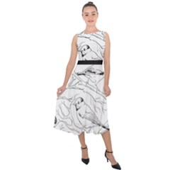 Birds Hand drawn Outline Black And White Vintage ink Midi Tie-Back Chiffon Dress