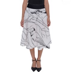 Birds Hand drawn Outline Black And White Vintage ink Perfect Length Midi Skirt