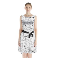 Birds Hand drawn Outline Black And White Vintage ink Sleeveless Waist Tie Chiffon Dress