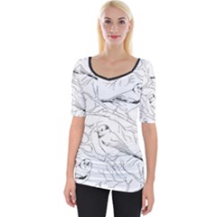 Birds Hand drawn Outline Black And White Vintage ink Wide Neckline Tee