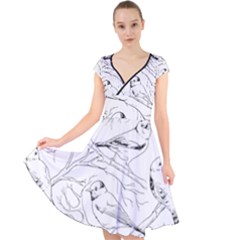 Birds Hand drawn Outline Black And White Vintage ink Cap Sleeve Front Wrap Midi Dress