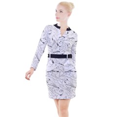 Birds Hand drawn Outline Black And White Vintage ink Button Long Sleeve Dress